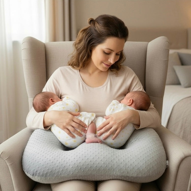 Supportive twin breastfeeding pillow designed for tandem feeding and parent comfort.