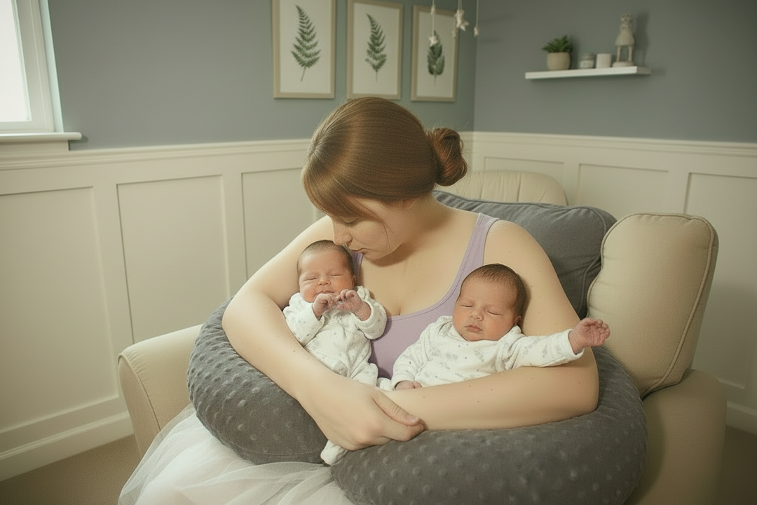 Baby support pillow for twins, ideal for both breastfeeding and bottle feeding sessions.