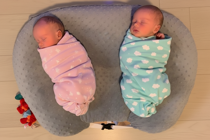 Parent's ergonomic pillow for twin feeding, reducing back and arm strain during feeds.