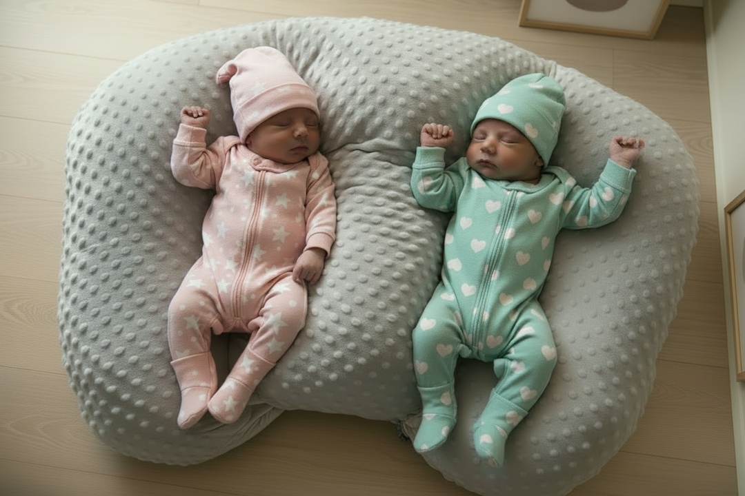 Soft twin infant care pillow with washable cover, essential for new parents of multiples.