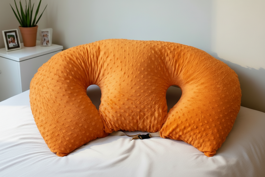 White twin nursing pillow, an essential baby item for new parents of multiples.