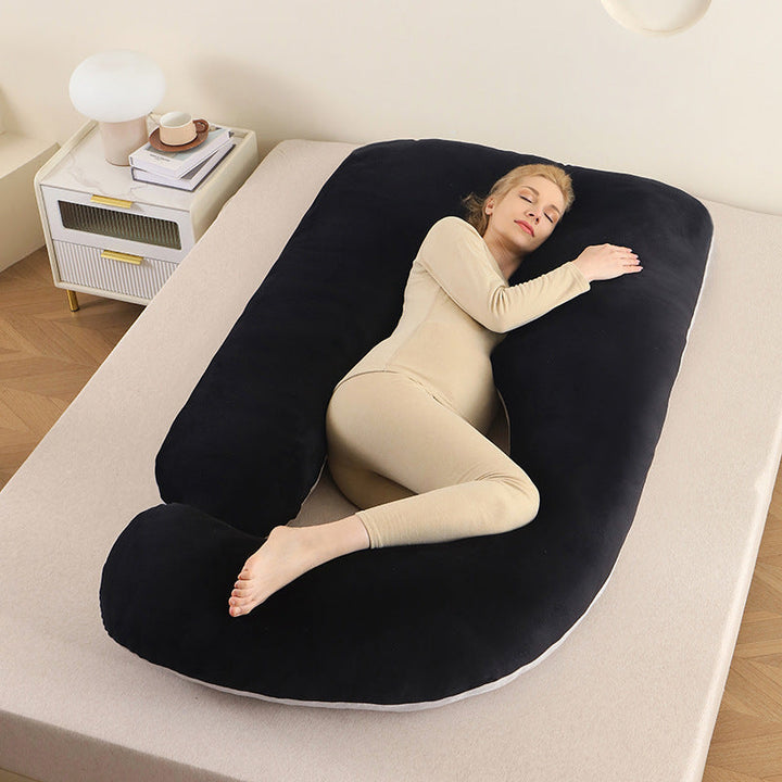 Pregnancy support full body pillow, ergonomic design, washable cover.