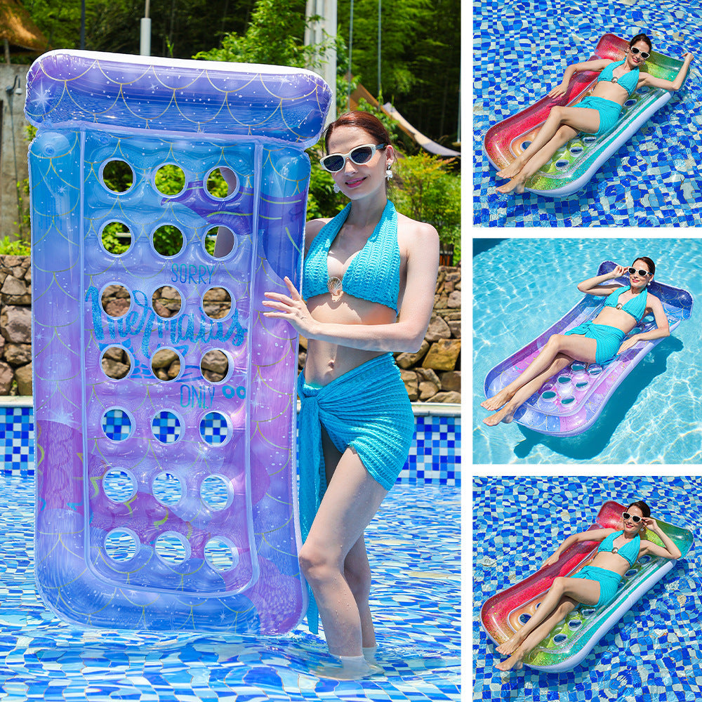 Ultimate Comfort Inflatable Pool Lounge with dual drink holders, perfect for adult summer relaxation.