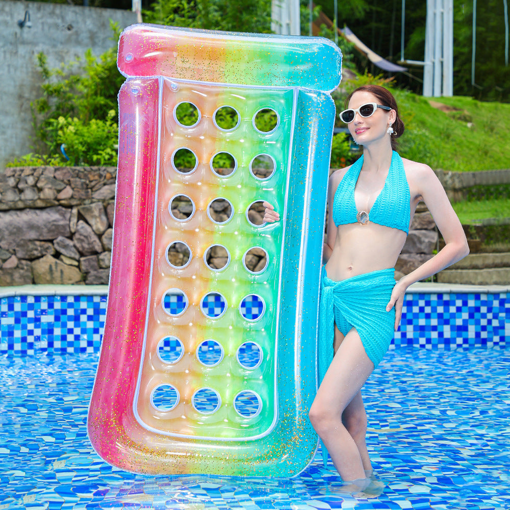 Portable inflatable water lounge for adults, a comfortable pool float with convenient drink holders.