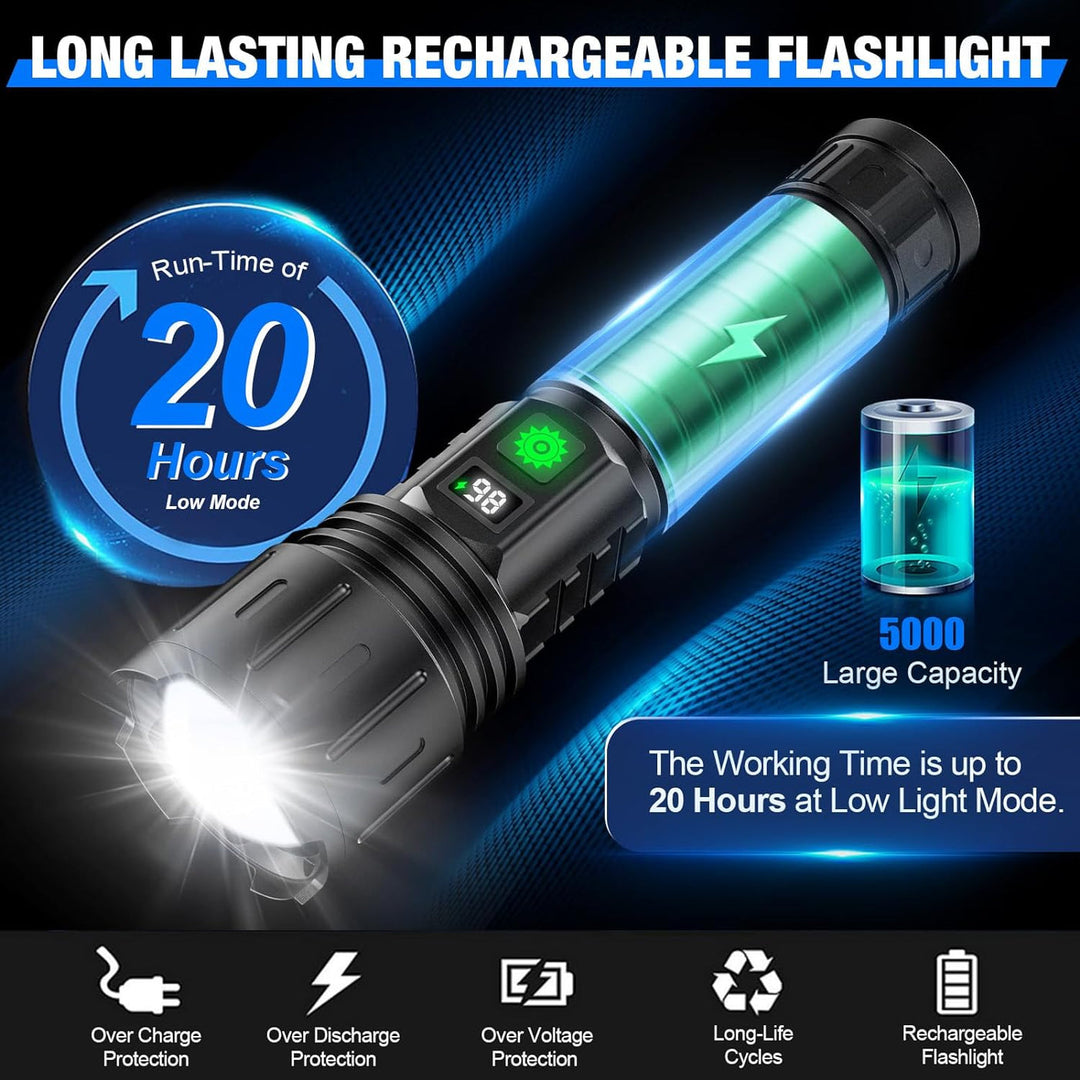 Ultra-bright 100,000 lumen LED flashlight for outdoor camping, emergency, and durable use. Rechargeable torch.