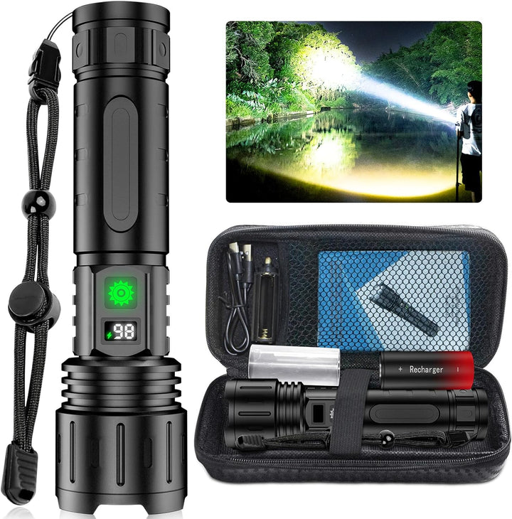 High-power 100,000 lumen rechargeable LED flashlight. Durable torch perfect for outdoor adventures & emergencies.