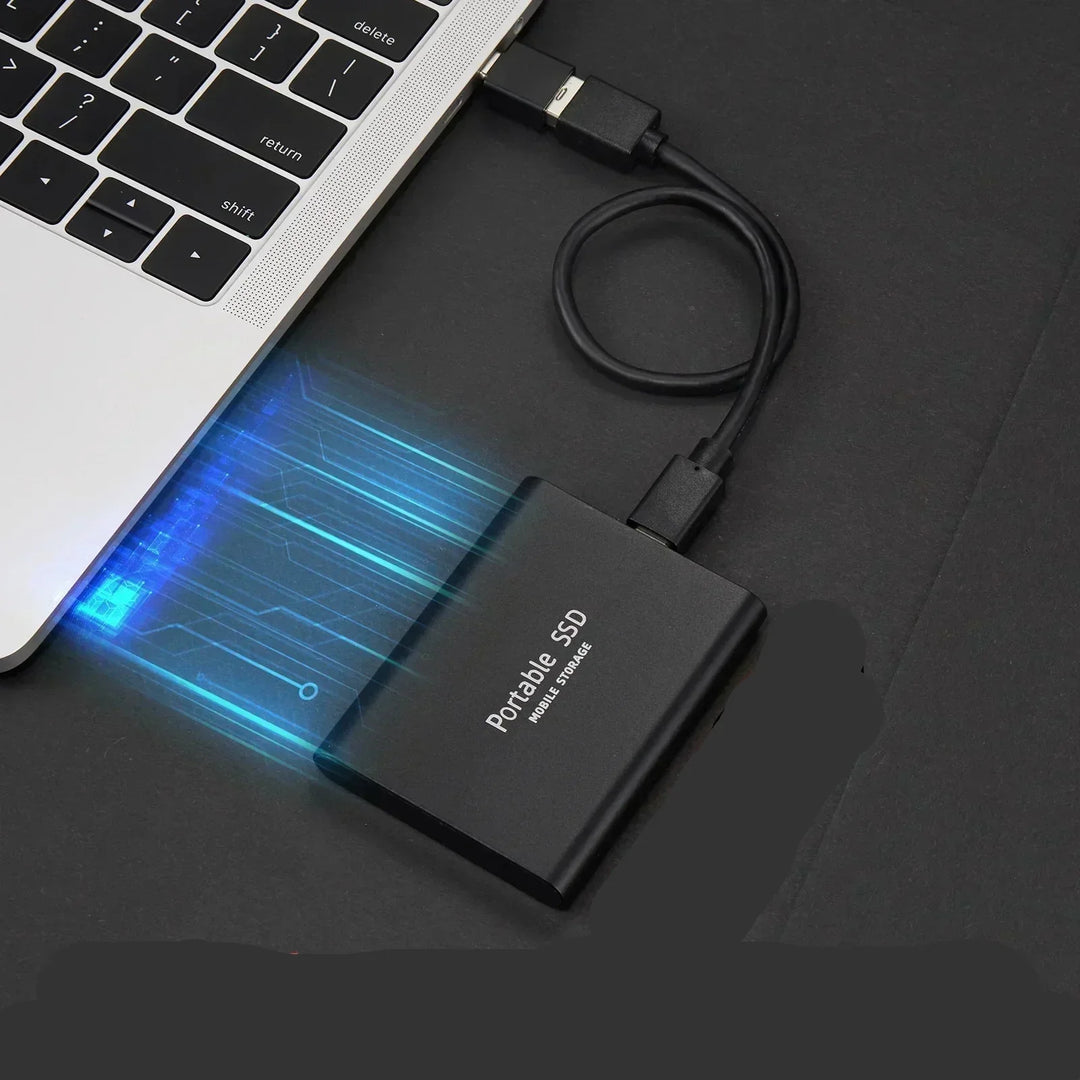 Ultra-Fast 128TB Portable External SSD for high-speed data storage & backup. Durable aluminum alloy, USB drive tech accessory.
