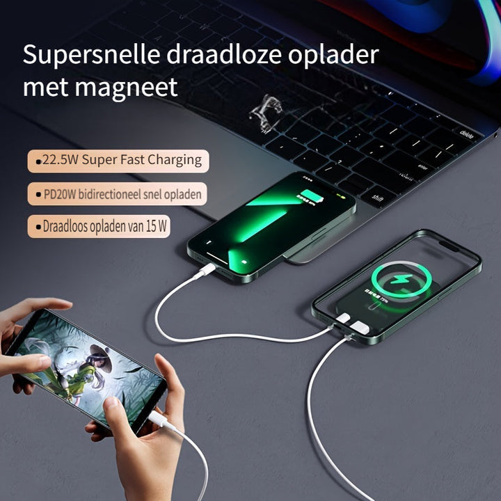 Ergonomic magnetic power bank, slim & portable design for effortless fast wireless smartphone charging.