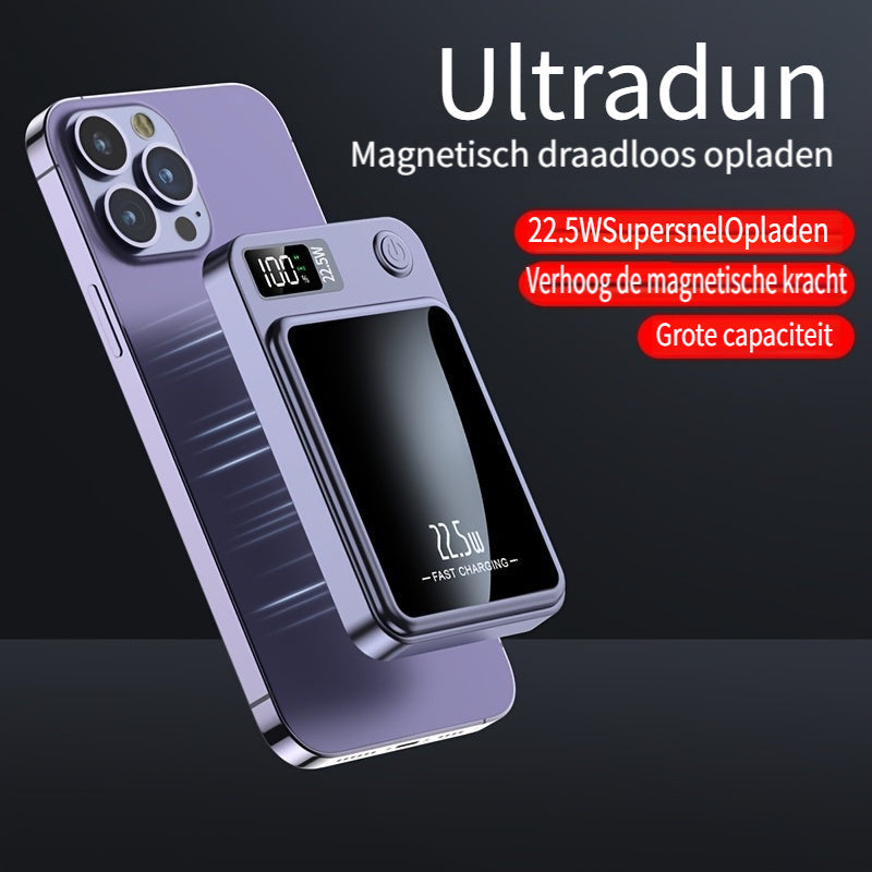 Portable magnetic power bank, 10000mAh fast wireless charger for iPhone & Android devices.