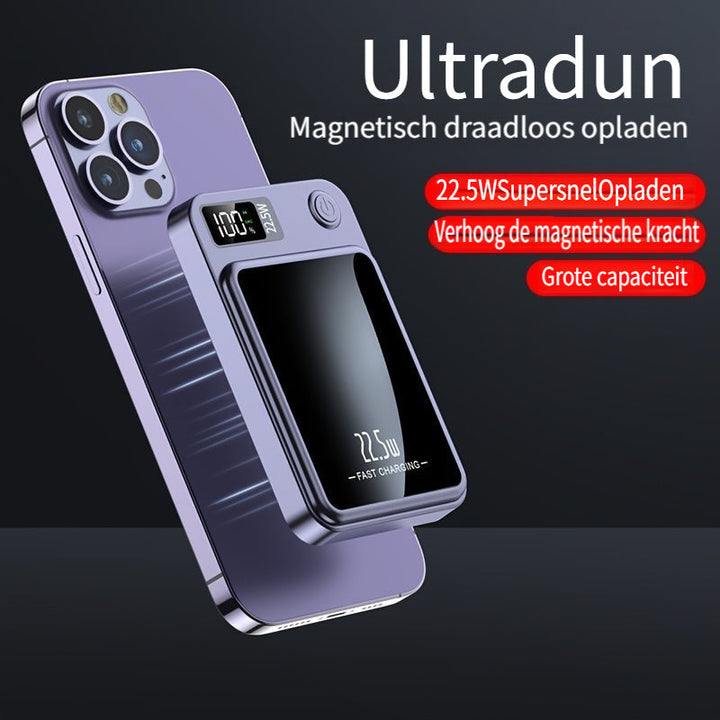 Portable magnetic power bank, 10000mAh fast wireless charger for iPhone & Android devices.