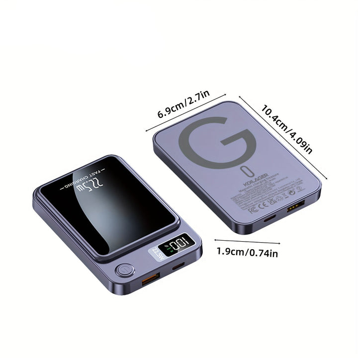 Sleek black magnetic power bank, ultra-slim design for portable fast wireless smartphone charging.