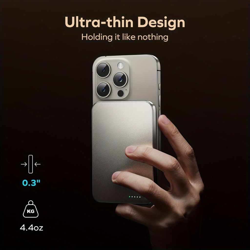 Ultra-slim magnetic wireless power bank for universal fast charging.