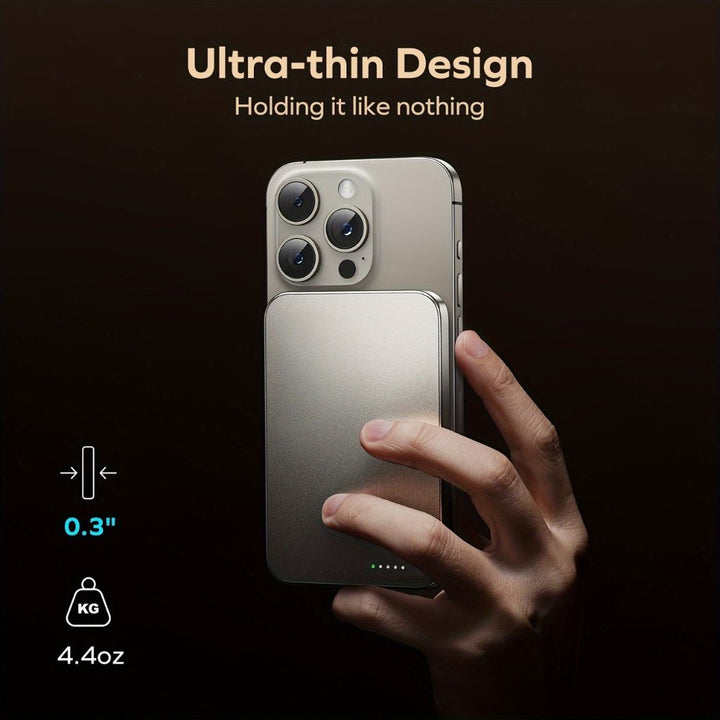 Ultra-slim magnetic wireless power bank for universal fast charging.