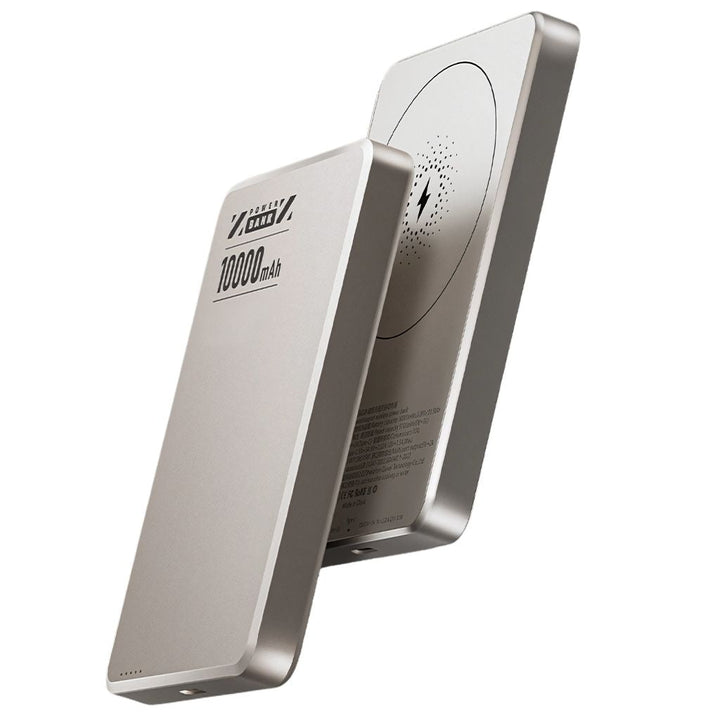 Portable magnetic wireless power bank with universal fast charging.