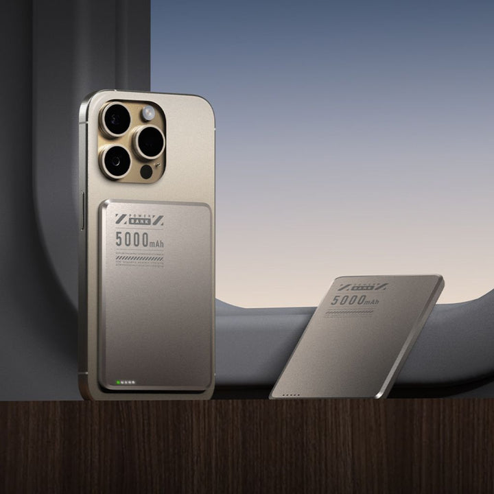 Universal fast charging power bank, ultra-slim magnetic wireless design.