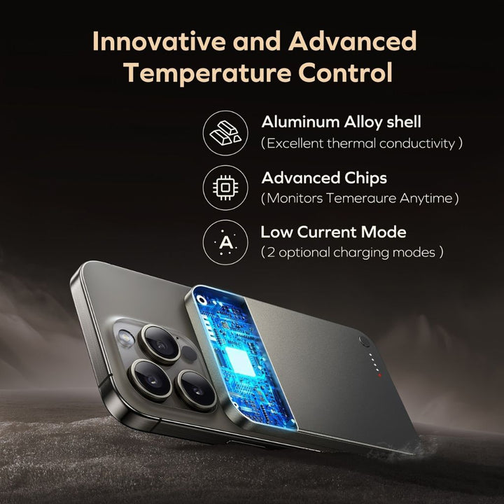 Compact portable charger with strong magnetic wireless capability.