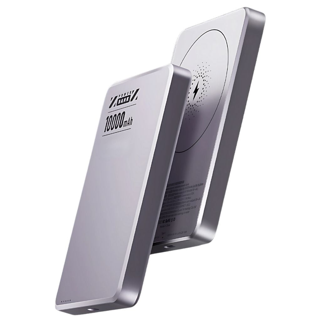 Compact ultra-slim power bank with magnetic wireless charging capability.