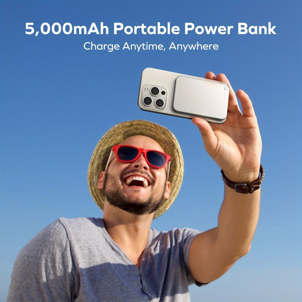 Fast charging universal power bank, ultra-slim magnetic wireless technology.