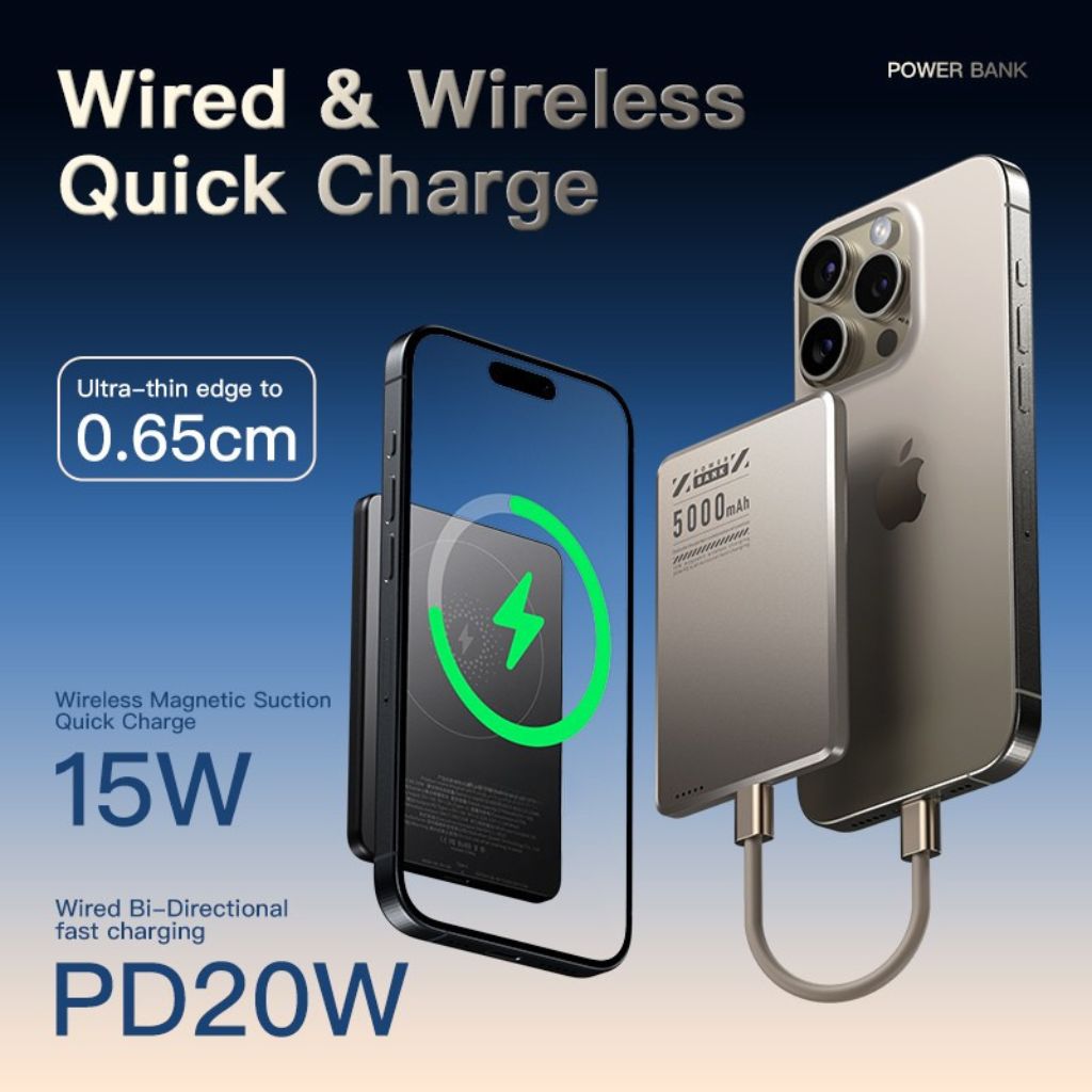 Ultra-slim wireless power bank with magnetic hold for secure charging.