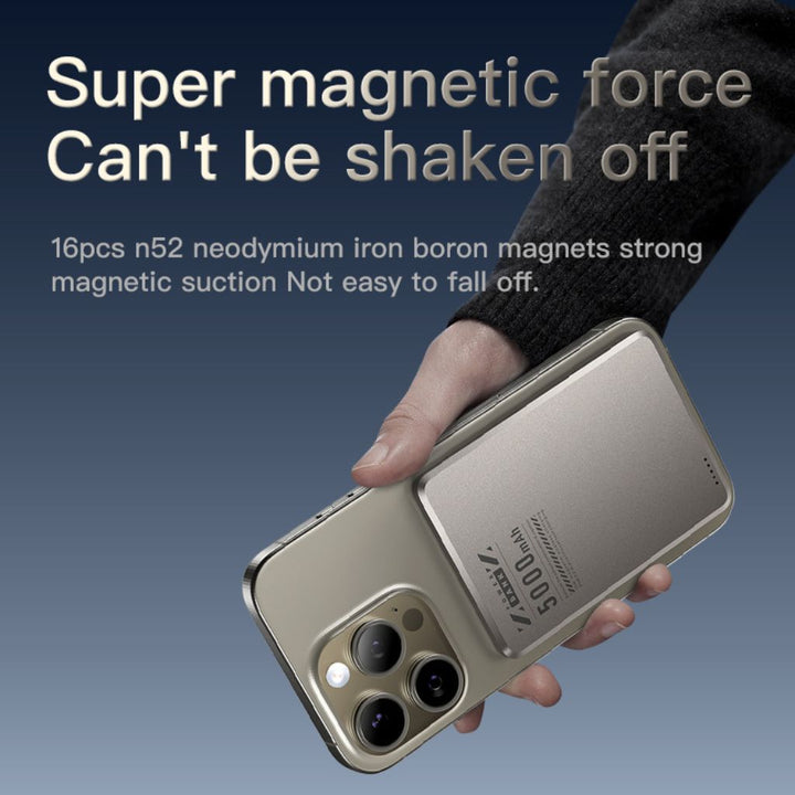 Fast charging magnetic wireless power bank, universal slim design.