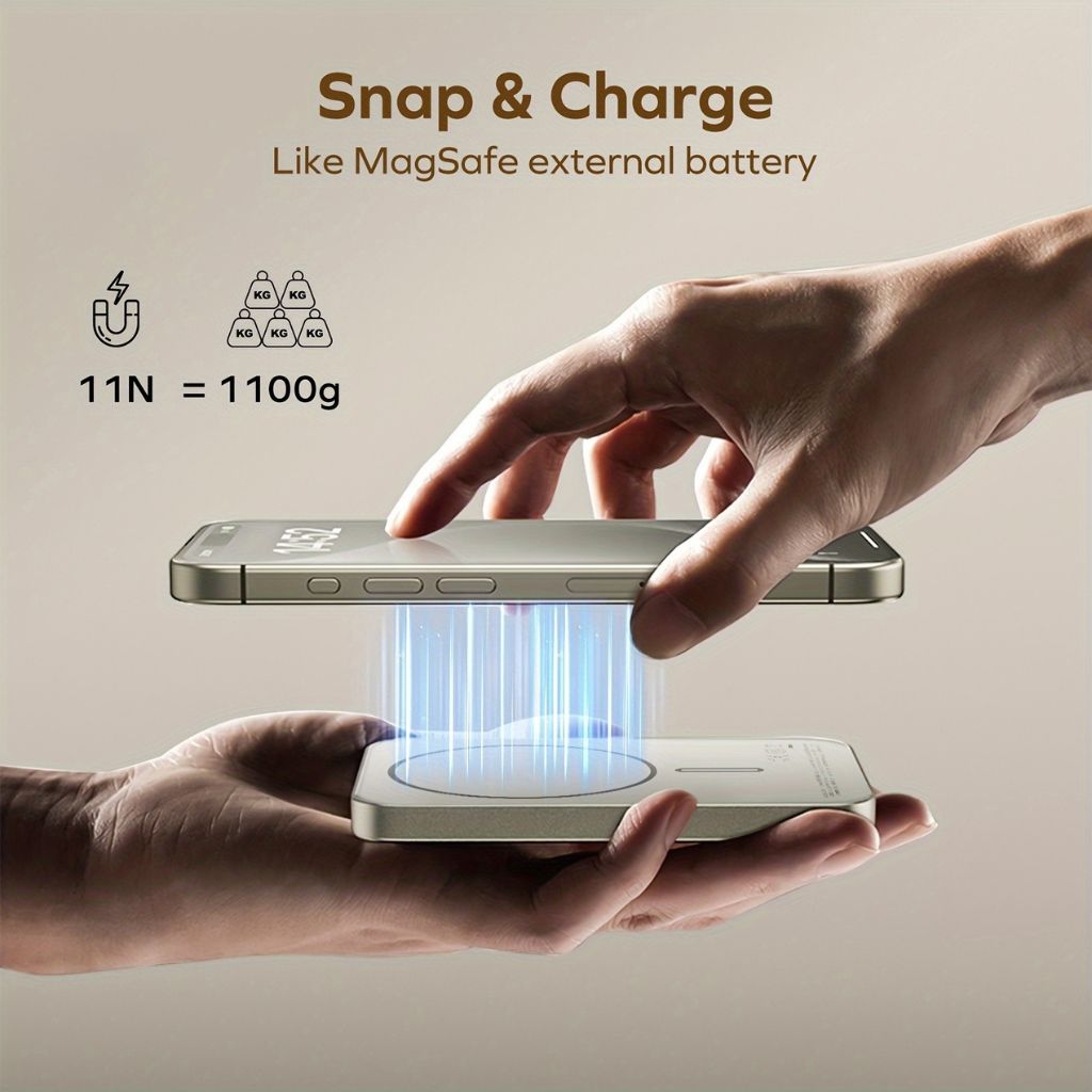Compact ultra-slim magnetic power bank, universal wireless charging.