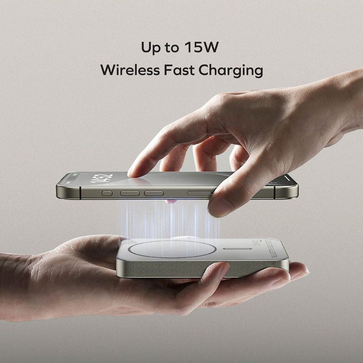 Magnetic wireless power bank, ultra-slim design for effortless portability.