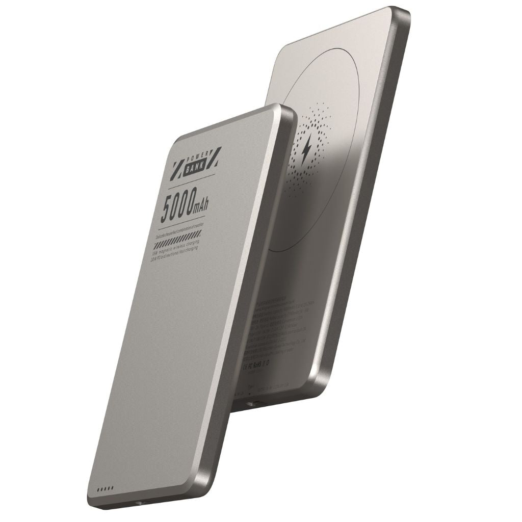 Wireless portable charger featuring magnetic attachment and slim profile.