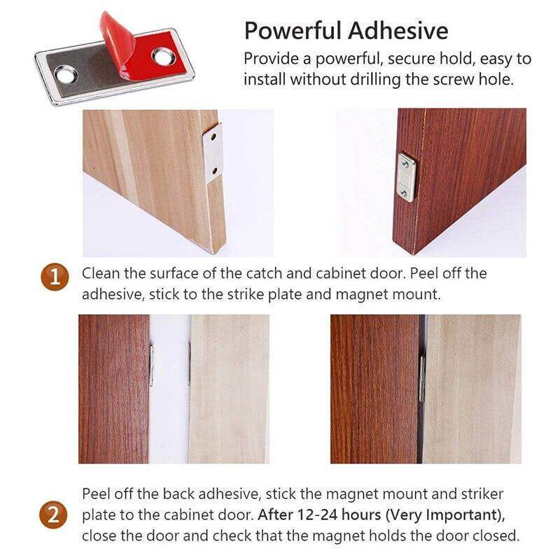 Strong hold magnetic catch for cabinet doors, ultra-thin design, durable home improvement hardware.