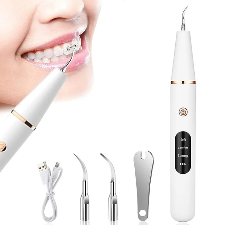 Ultrasonic plaque remover device for deep teeth cleaning, promoting home dental hygiene & tartar removal.