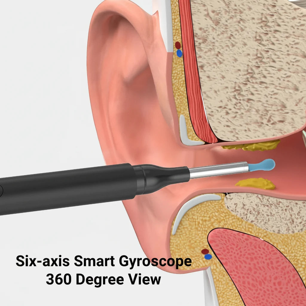 Close-up of a 1080P Wi-Fi ear camera, showing its high-definition lens for clear ear canal viewing.