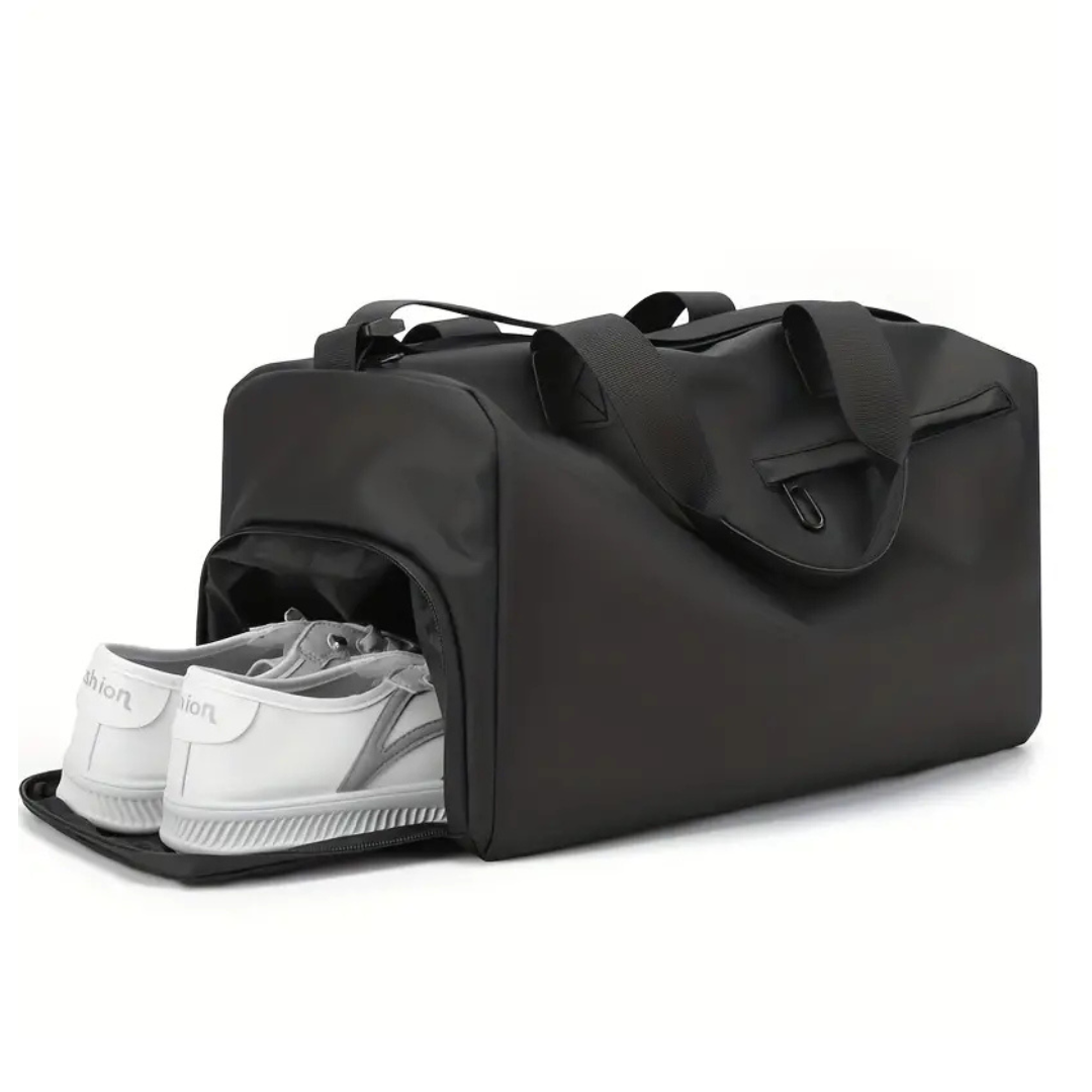 Open view of 20L waterproof gym bag, showcasing the separate shoe compartment and spacious main section.