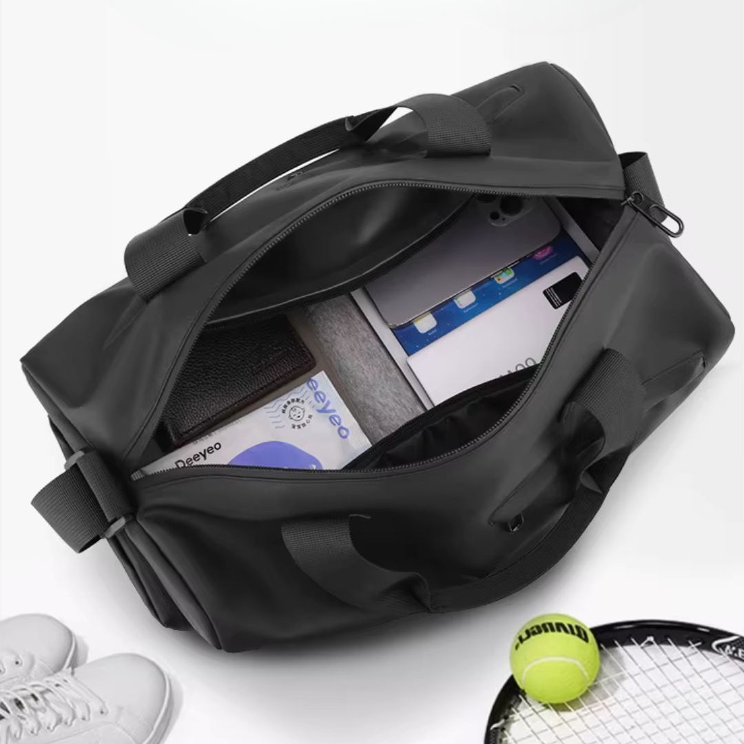 Compact 20L waterproof sports bag. Great for gym, travel, or a weekend getaway. Unisex design, shoe compartment.