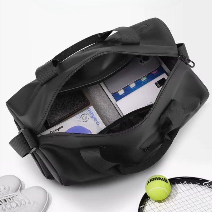 Compact 20L waterproof sports bag. Great for gym, travel, or a weekend getaway. Unisex design, shoe compartment.