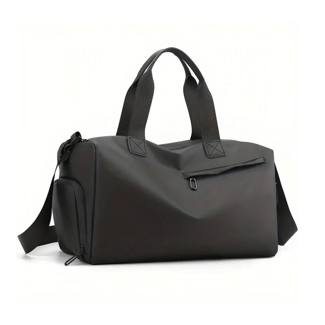 Stylish 20L waterproof travel duffel bag for men & women, features shoe compartment & multiple pockets.