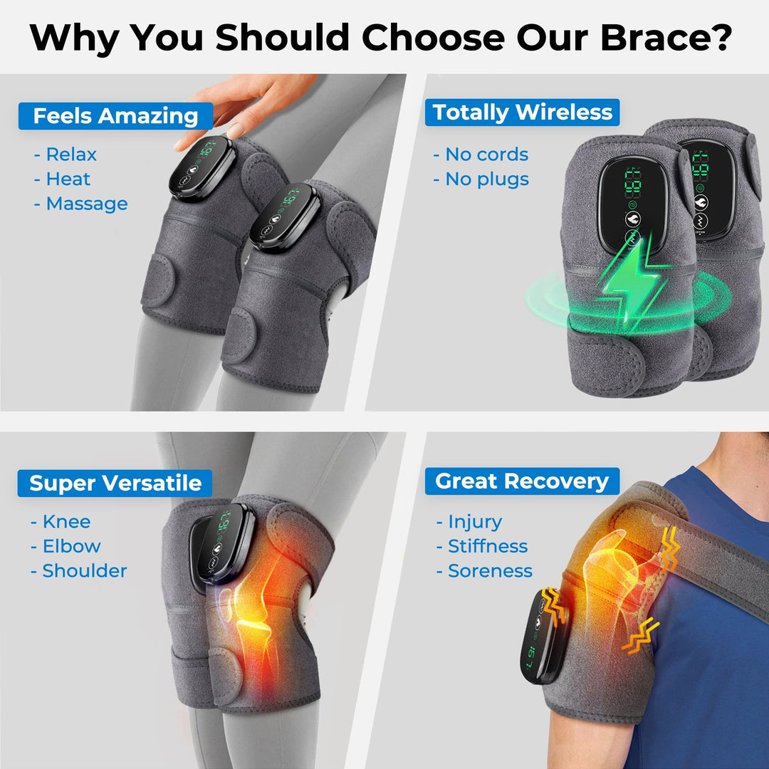 Portable heated massager for knee, shoulder, and elbow muscle recovery.