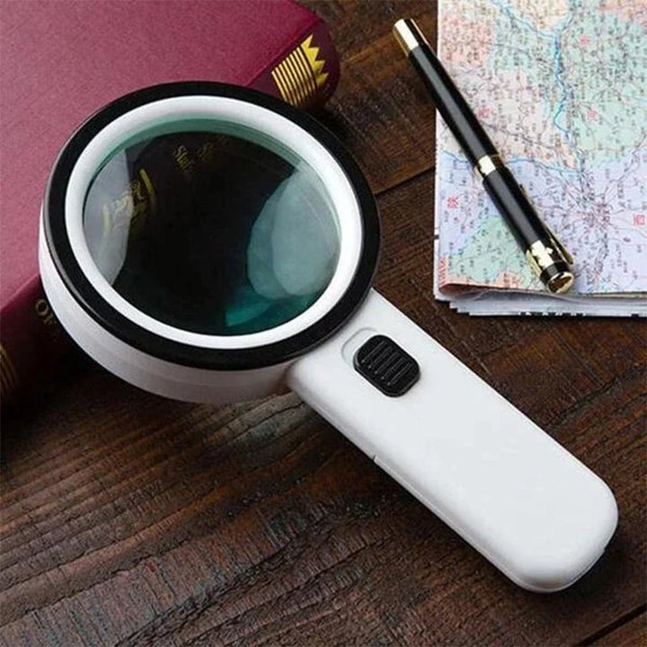 Bright 30x LED magnifying glass for reading small print, hobbies, and jewelry inspection.