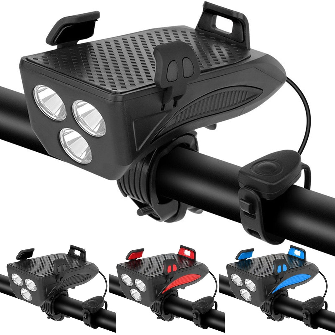 Unisex 4-in-1 bike light, phone mount, power bank & horn for safe cycling. USB rechargeable, waterproof LED system.