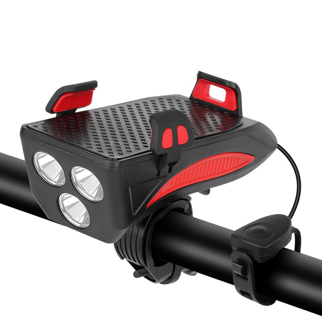 Bright LED bike light with phone mount, power bank & horn for cycling safety. Waterproof, USB rechargeable accessory.