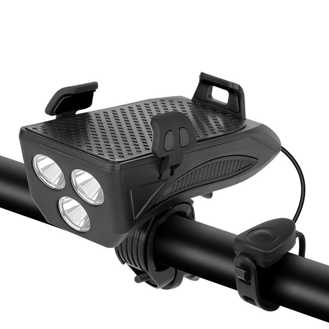 Multi-functional bike light system: secure phone holder, power bank & LED light with horn. Great for outdoor cycling.