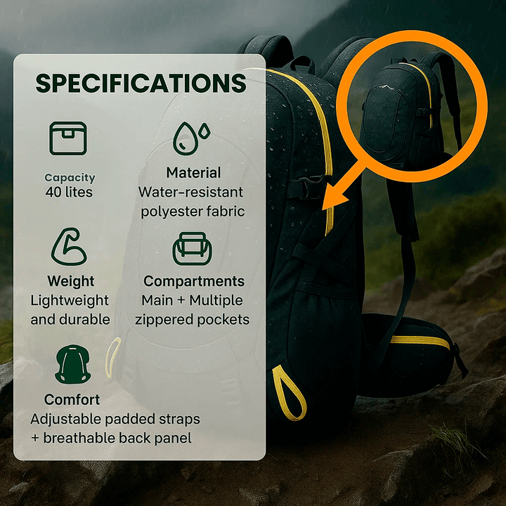 Durable 40L waterproof hiking backpack, lightweight & suitable for camping & travel.
