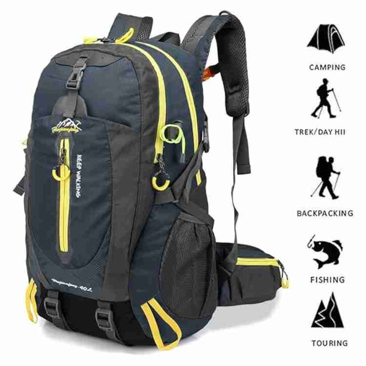 Waterproof 40L hiking backpack with ergonomic design for comfortable outdoor adventures & camping.