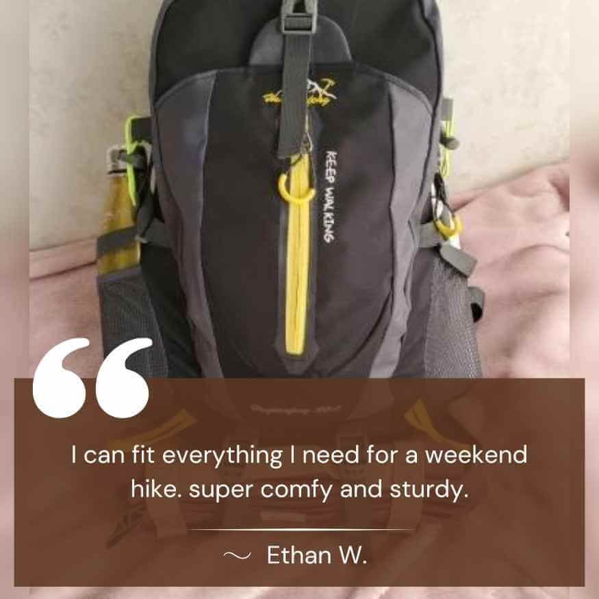 Hiker wearing a 40L waterproof backpack on a mountain trail, ideal for outdoor adventures.