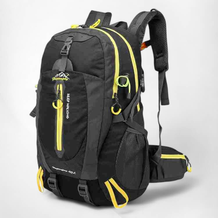Close-up of durable, waterproof fabric on a 40L hiking backpack, suitable for camping & travel.