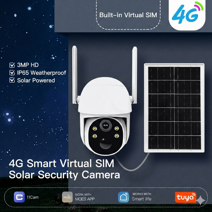 IP65 weatherproof 4G solar camera with 2K HD, AI motion detection, and two-way audio for remote monitoring.