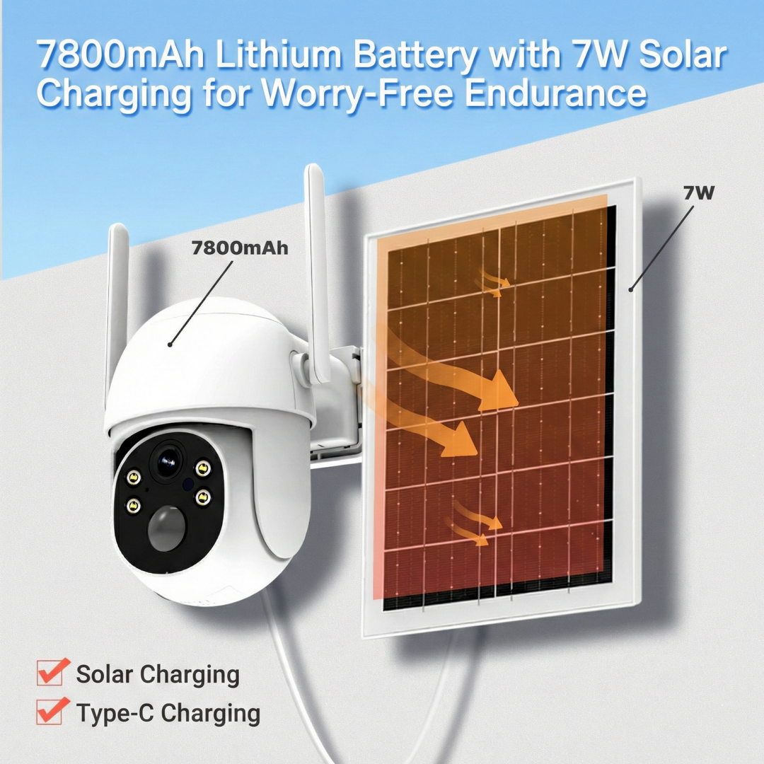Off-grid 4G solar camera with 2K HD resolution, AI motion, two-way audio & remote monitoring for home security.