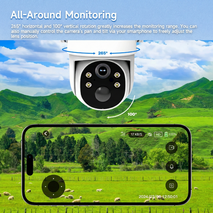 Advanced solar security camera with 4G LTE connectivity, 2K HD, AI motion detection, and IP65 outdoor durability.