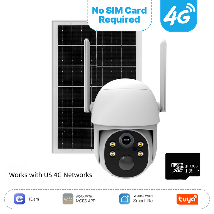 Durable outdoor solar security camera with 4G connectivity, 2K HD, AI motion, and two-way audio for surveillance.