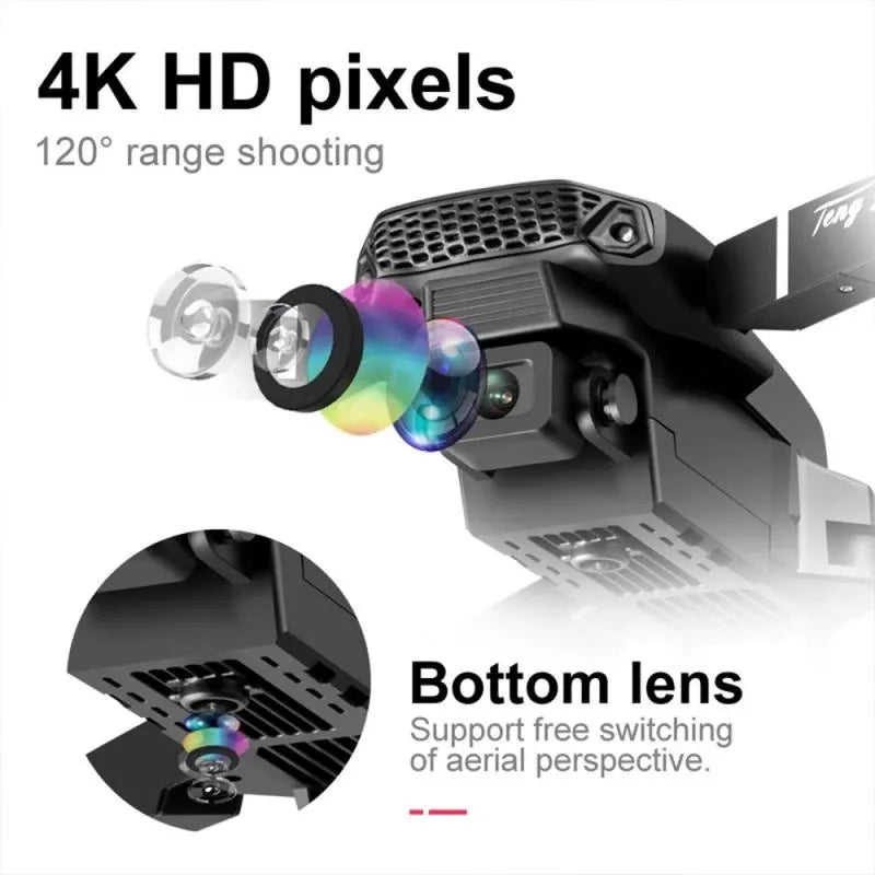 Close-up of the Unisex 4K Dual-Camera Drone, highlighting wide-angle lenses for detailed outdoor aerial photography.