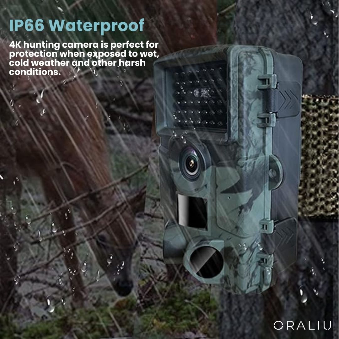 Unisex 4K trail camera with app control, set in a forest, capturing stunning wildlife in Ultra HD.