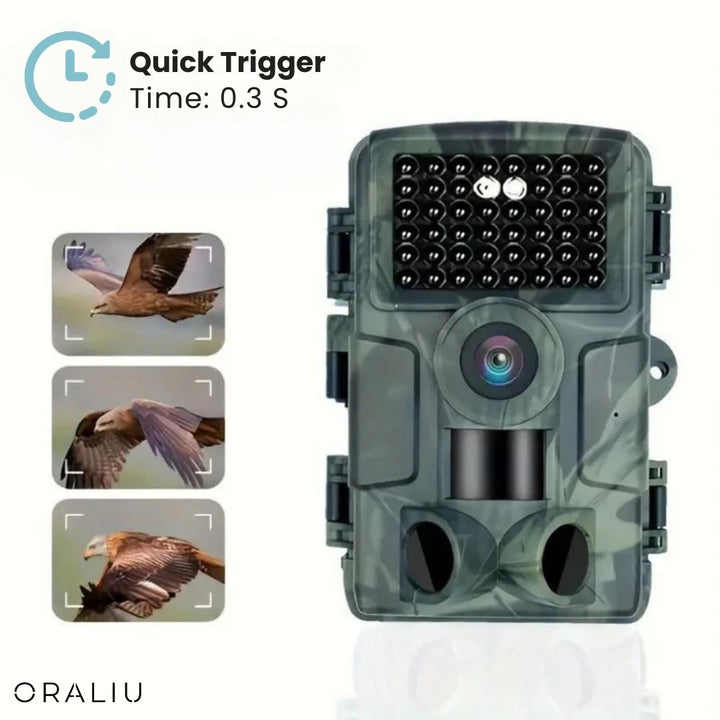 Unisex 60MP wildlife camera mounted on a tree, capturing 4K footage of animals with motion activation.